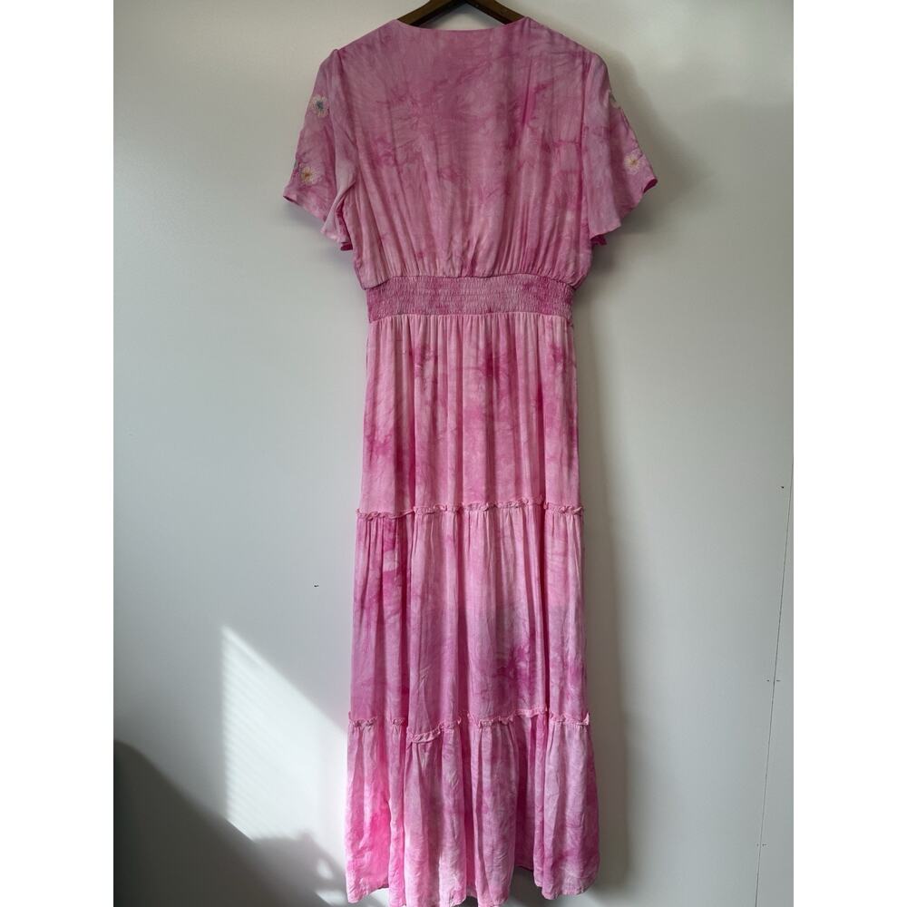 Savanna Jane M Pink Tie Dye Floral Embroidery Maxi Dress Lined V Neck - Picture 5 of 10